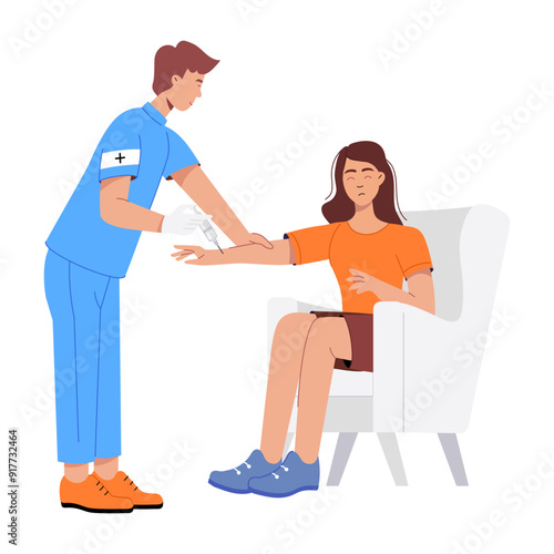 Doctor giving vaccine dose to patient, flat illustration 

