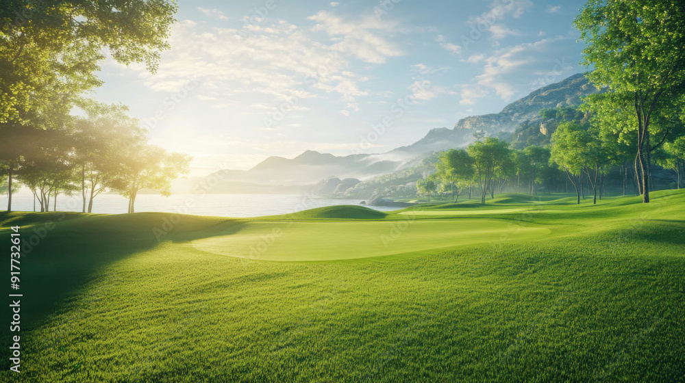 Obraz premium The beautiful golf course with morning sunshine.