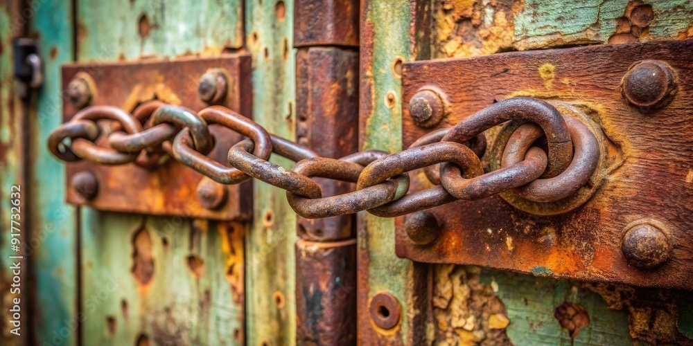 rusty iron chain securing lock on metal door rusty iron chain securing lock on metal door