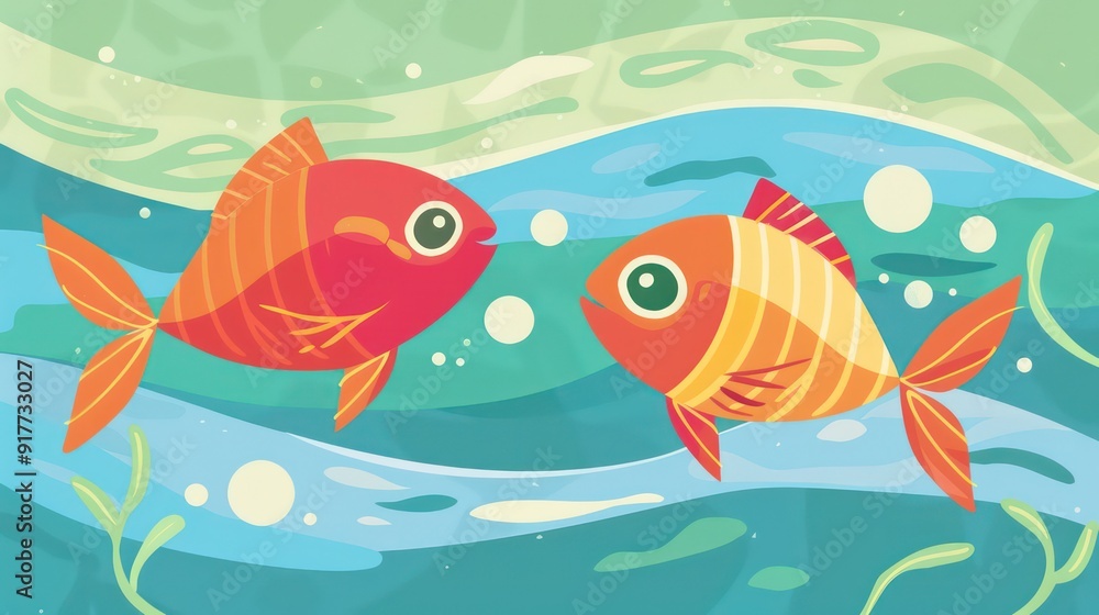 Naklejka premium Two Cartoon Fish Swimming in Ocean