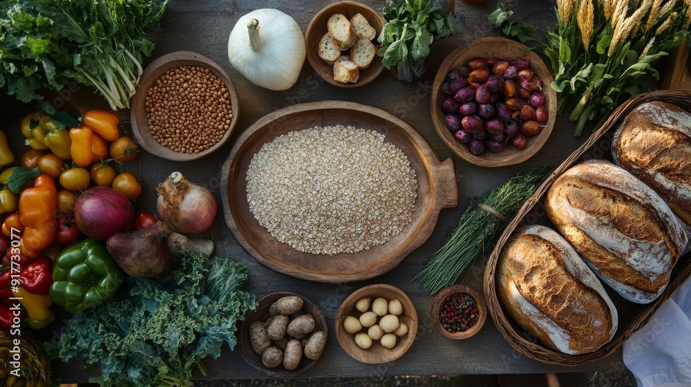 Rustic wooden table with various foods including bread, vegetables, and grains. Rustic wooden table with various foods including bread, vegetables, and grains.