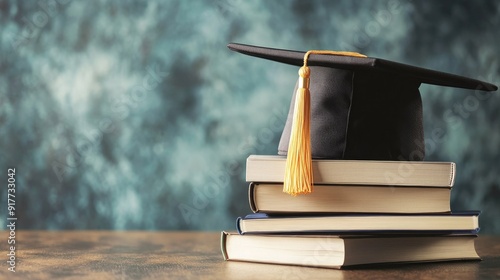 Graduation hat and stack of study books with copy space