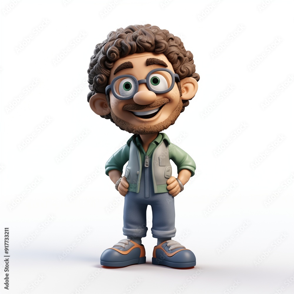 Happy Cartoon Character with Glasses and Curly Hair in Casual Outfit. Illustration of a cheerful animated man. Happy Cartoon Character with Glasses and Curly Hair in Casual Outfit. Illustration of a cheerful animated man.