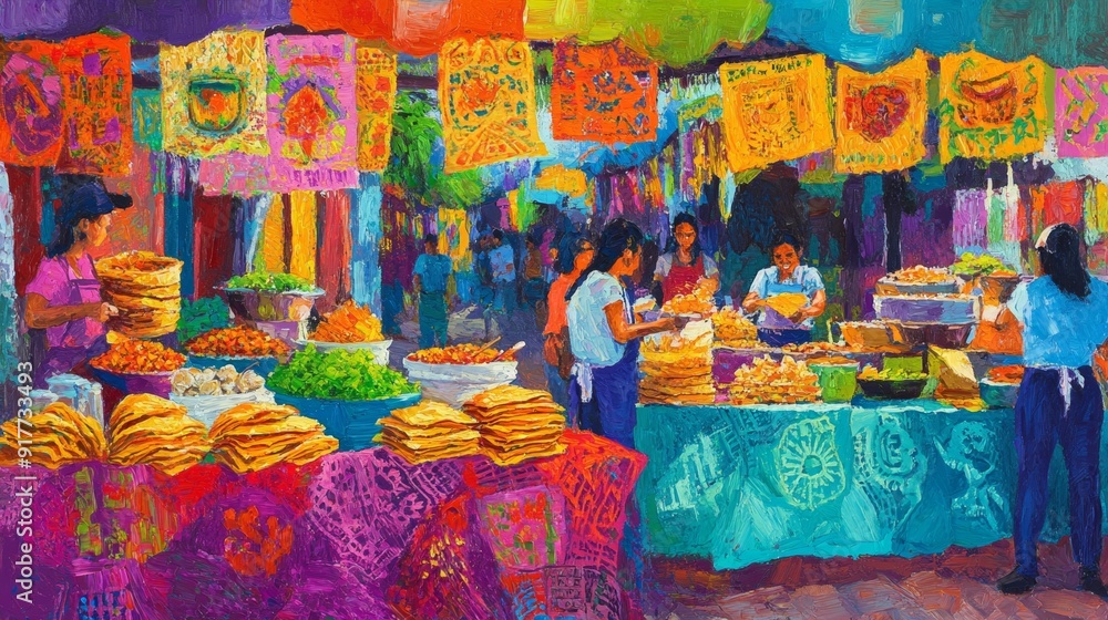 Fototapeta premium An oil painting depicting a vibrant and colorful street market with vendors and customers, the market is filled with an assortment of fresh produce and other goods.
