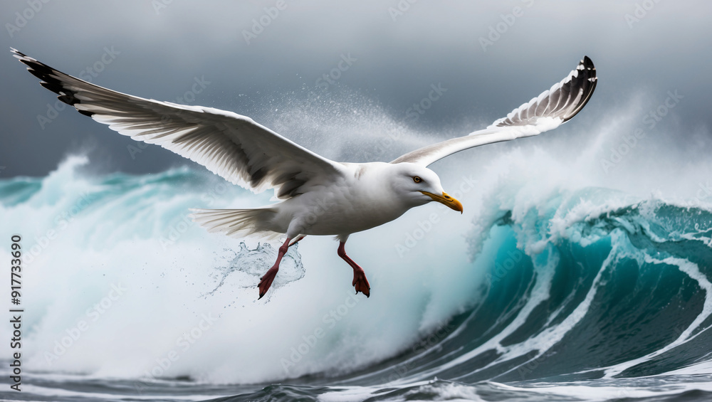 Obraz premium Sea gull flying agaist splashing wave.