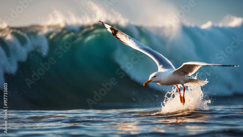 Sea gull flying agaist splashing wave. photo