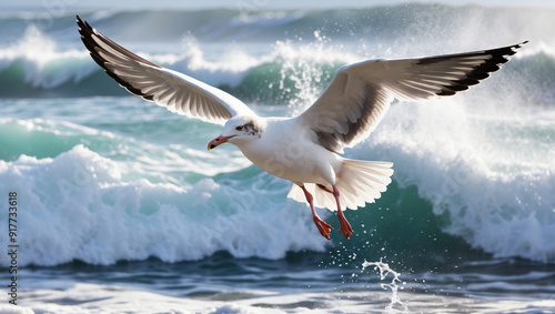 Sea gull flying agaist splashing wave.