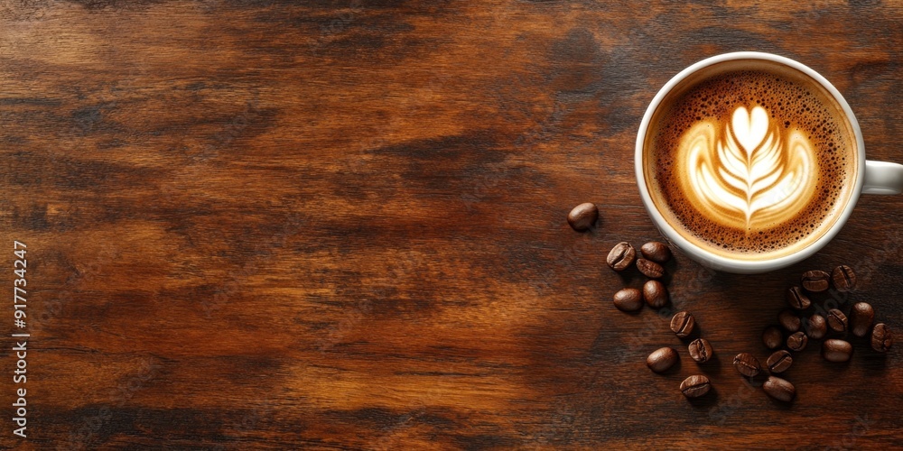 A cup of latte with coffee beans on a wooden background. A cup of latte with coffee beans on a wooden background.