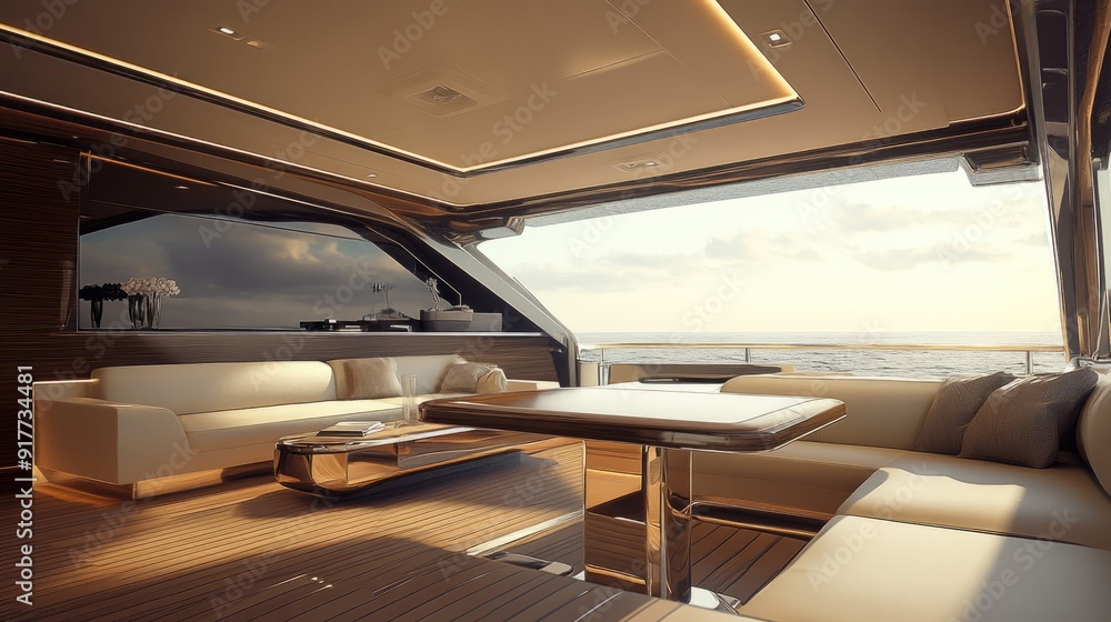 A stylish yacht interior featuring a sleek table and comfortable seating, with ample natural light. The upper portion is left blank for text. --ar 16:9 A stylish yacht interior featuring a sleek table and comfortable seating, with ample natural light. The upper portion is left blank for text. --ar 16:9