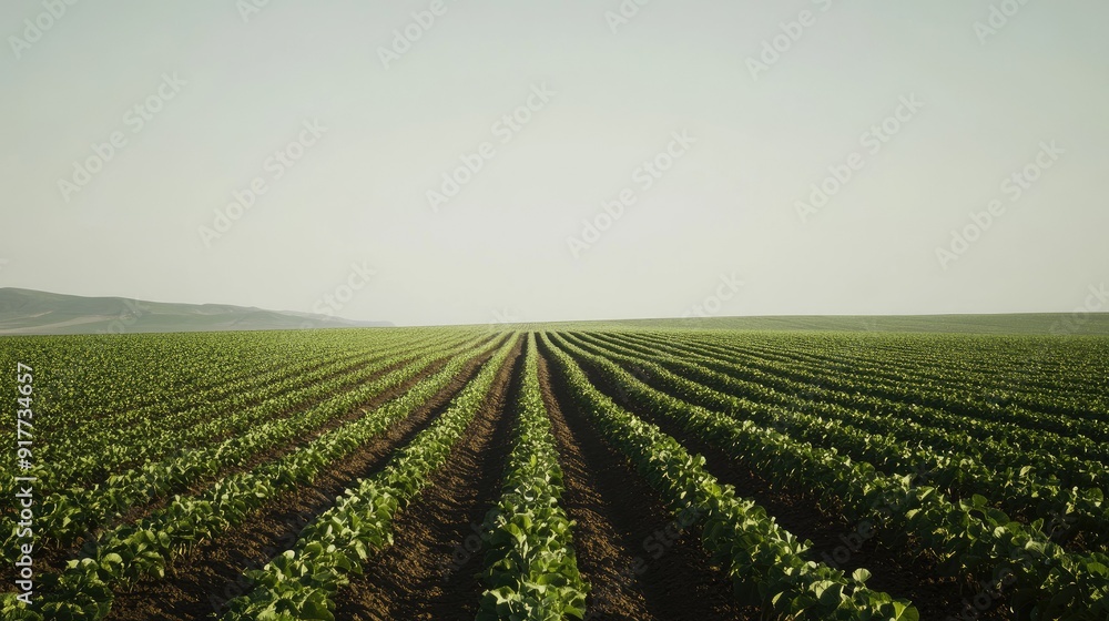 A wide shot of a potato farm with rows of green plants stretching into the distance under a clear sky. The background is spacious, ideal for text placement. A wide shot of a potato farm with rows of green plants stretching into the distance under a clear sky. The background is spacious, ideal for text placement.