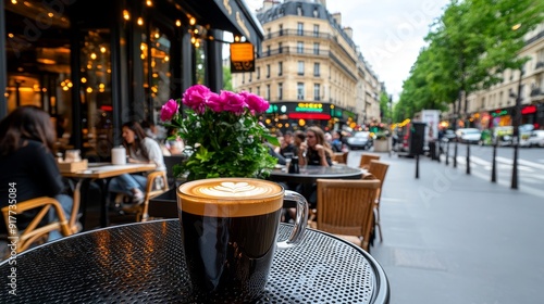 A captivating photo of an elegant cafÃ© terrace in a bustling city, with patrons enjoying their coffee. photo