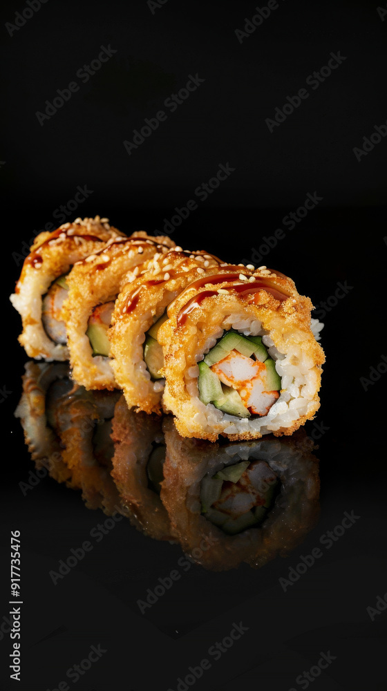 Visualize Tempura sushi rolls filled with crispy shrimp tempura, creamy avocado, and fresh cucumber, wrapped in soft rice and elegantly garnished wi