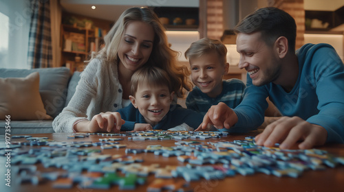 A family of four, two parents and two young boys, are smiling as they work on a large jigsaw puzzle together