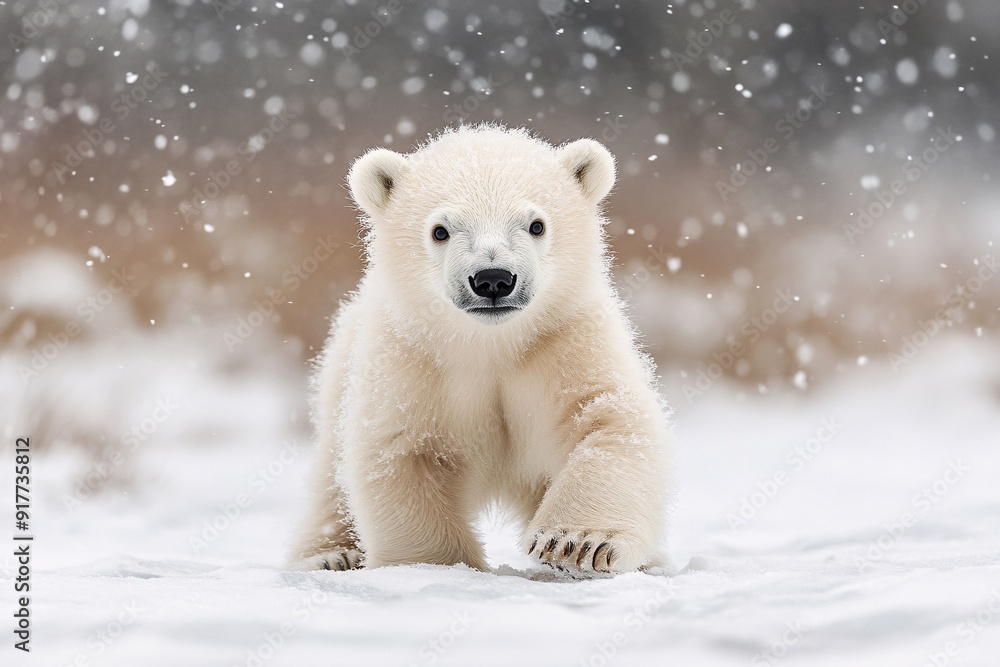 Polar bear cub walking in the snow during a snowfall. Polar bear cub walking in the snow during a snowfall.