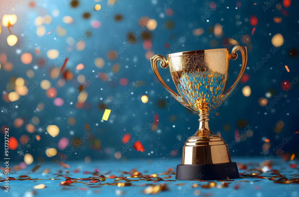 Golden Trophy with Glittering Confetti on a Dark Blue Background, Symbolizing Achievement and Celebration in Award Ceremonies and Special Occasions Golden Trophy with Glittering Confetti on a Dark Blue Background, Symbolizing Achievement and Celebration in Award Ceremonies and Special Occasions