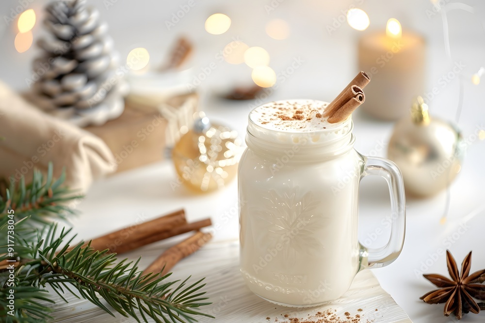 Christmas spiced eggnog white milk drink with cinnamon and anise in a glass mason jar on a light wooden table, white background, Christmas decorations and pine branches around the glasses Christmas spiced eggnog white milk drink with cinnamon and anise in a glass mason jar on a light wooden table, white background, Christmas decorations and pine branches around the glasses