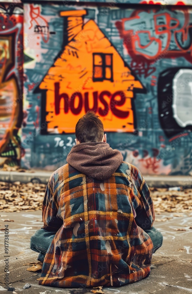Fototapeta premium A young man sitting on the ground against a colorful graffiti wall, depicting a house, in an urban setting.