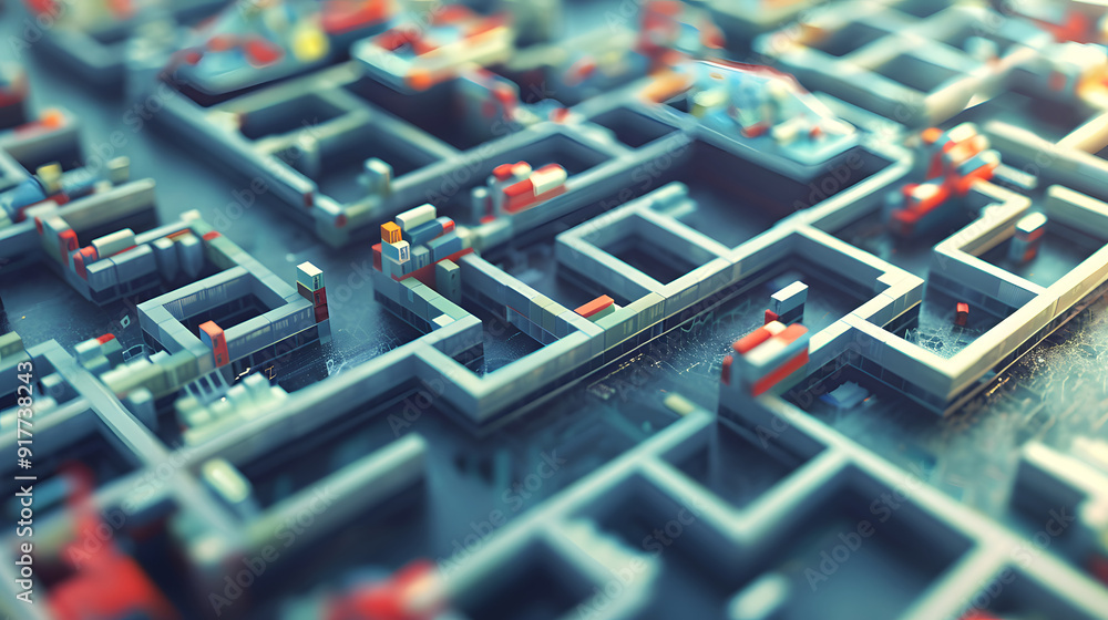 Risk Mitigation Maze, a labyrinth with various obstacles symbolizing risks in the supply chain such as disruptions, delays, and shortages, design Risk Mitigation Maze, a labyrinth with various obstacles symbolizing risks in the supply chain such as disruptions, delays, and shortages, design