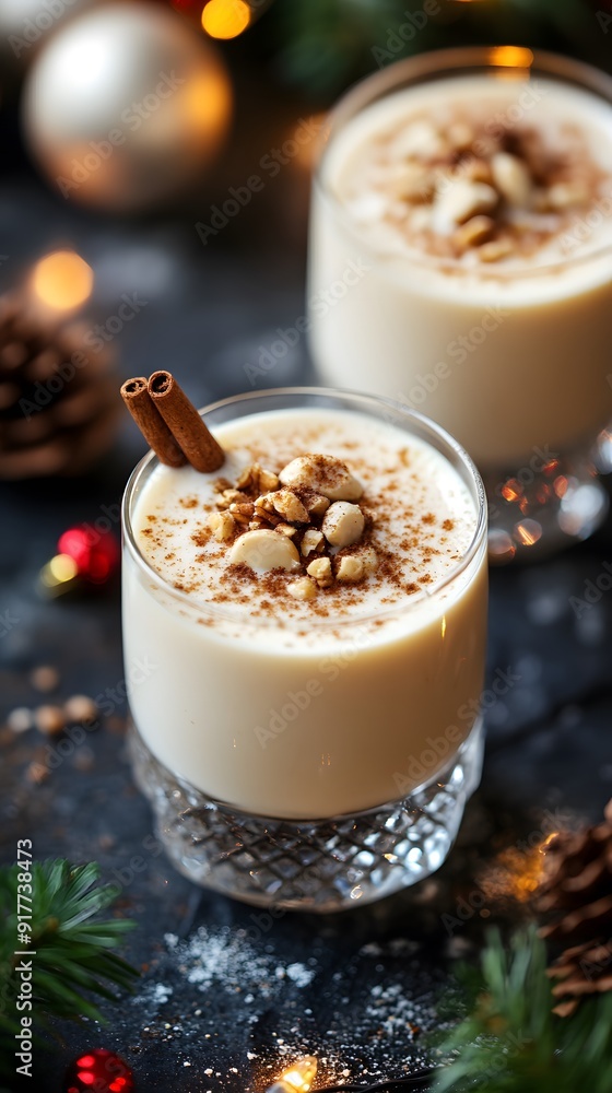 Christmas spiced eggnog white milk drink with cinnamon and anise in a glass mason jar on a light wooden table, white background, Christmas decorations and pine branches around the glasses Christmas spiced eggnog white milk drink with cinnamon and anise in a glass mason jar on a light wooden table, white background, Christmas decorations and pine branches around the glasses
