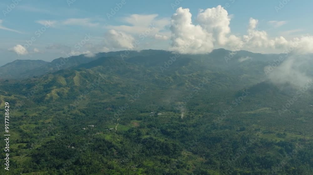 Tropical Forest with green trees in mountain province. Blue sky and clouds. Mindanao. Philippines. Aerial view. Tropical Forest with green trees in mountain province. Blue sky and clouds. Mindanao. Philippines. Aerial view.