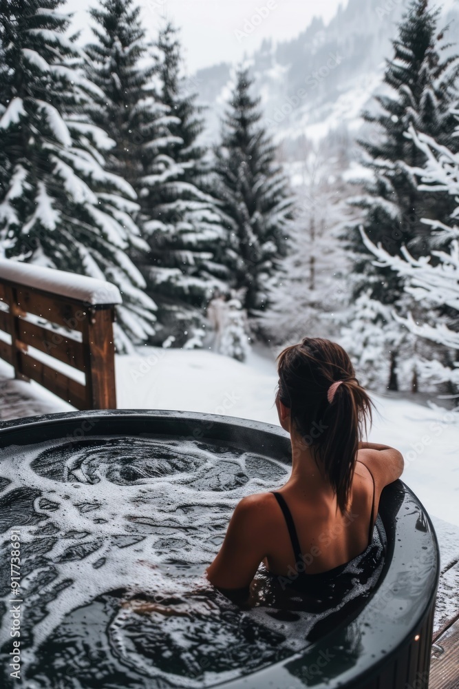 A woman unwinds in a hot tub overlooking a majestic winter landscape, framed by snow-laden trees and a tranquil mountain backdrop. A woman unwinds in a hot tub overlooking a majestic winter landscape, framed by snow-laden trees and a tranquil mountain backdrop.