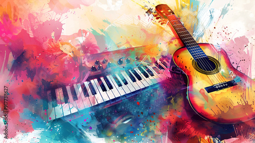Colorful music-themed background with an acoustic guitar and piano keys in the watercolor background.generative.ai 