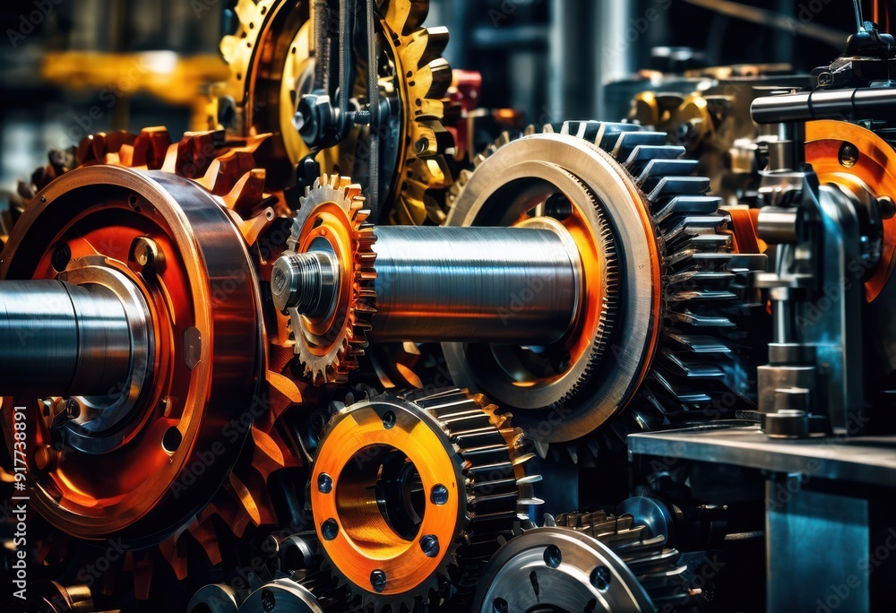 vibrant detailed view dynamic industrial machinery elements featuring complex mechanisms bright colors, gears, pulleys, technology, engineering, components vibrant detailed view dynamic industrial machinery elements featuring complex mechanisms bright colors, gears, pulleys, technology, engineering, components