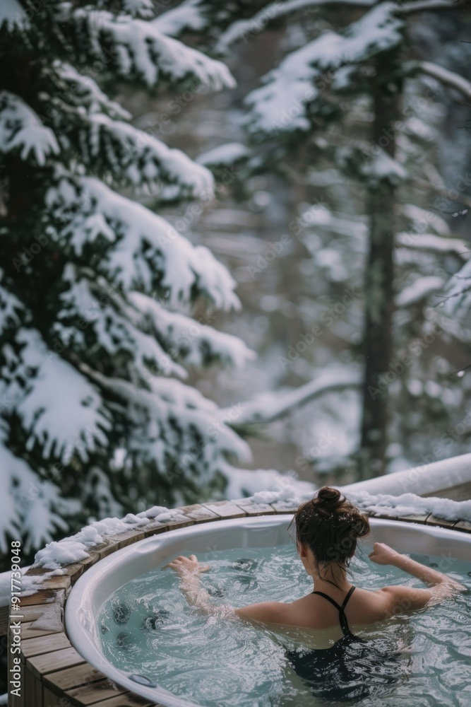 A woman unwinds in a hot tub overlooking a majestic winter landscape, relaxing in an outdoor hot tub, a woman enjoys the solitude of a snowy forest setting A woman unwinds in a hot tub overlooking a majestic winter landscape, relaxing in an outdoor hot tub, a woman enjoys the solitude of a snowy forest setting