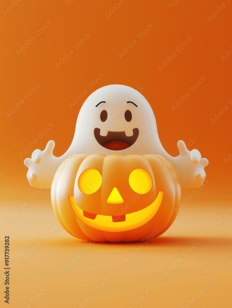 A cute 3D cartoon ghost and pumpkin set against an orange background, capturing the playful and festive spirit of Halloween A cute 3D cartoon ghost and pumpkin set against an orange background, capturing the playful and festive spirit of Halloween