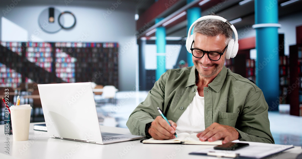 Happy Man Studying On Laptop Computer Happy Man Studying On Laptop Computer