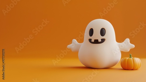 A cute 3D cartoon ghost and pumpkin set against an orange background, capturing the playful and festive spirit of Halloween