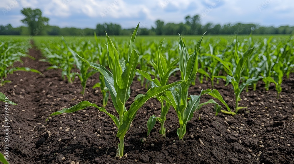 A Promise of Abundance. Blossoming corn field showcasing early growth. A Promise of Abundance. Blossoming corn field showcasing early growth.