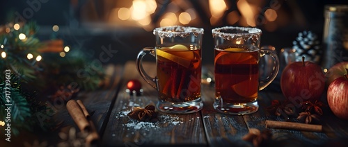  glasses of glüwine and orange juice, with Christmas decorations on a dark wooden background photo