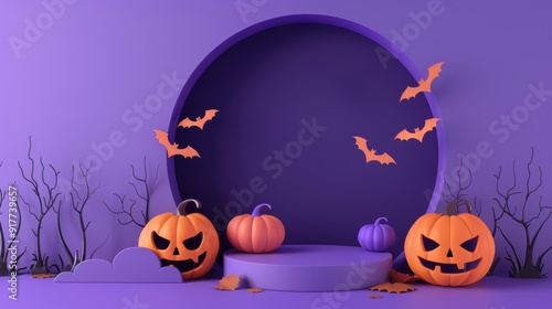A Halloween-themed display featuring a round product stand with decorative pumpkins and bats set against a purple background, creating a festive and spooky atmosphere
