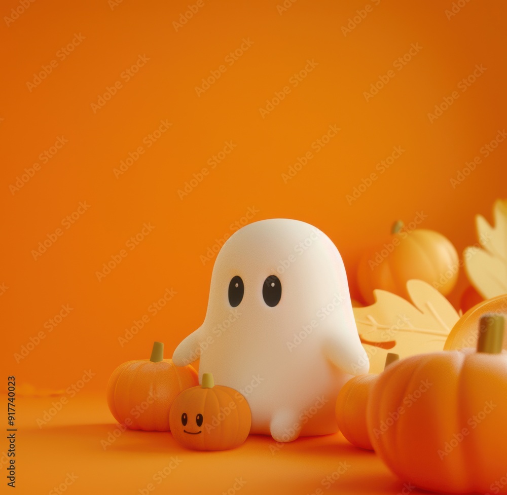 A Halloween poster featuring a cute 3D cartoon ghost and pumpkin on an orange background, creating a festive and playful atmosphere A Halloween poster featuring a cute 3D cartoon ghost and pumpkin on an orange background, creating a festive and playful atmosphere