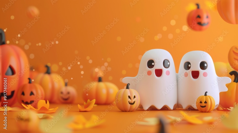 A Halloween poster featuring a cute 3D cartoon ghost and pumpkin on an orange background, creating a festive and playful atmosphere A Halloween poster featuring a cute 3D cartoon ghost and pumpkin on an orange background, creating a festive and playful atmosphere