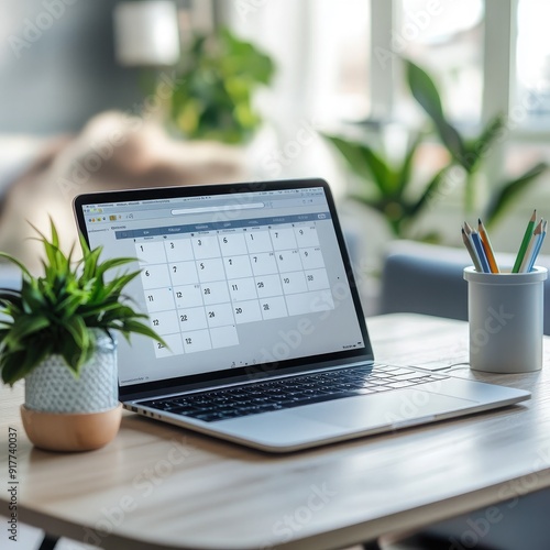 Wallpaper Mural Open laptop with calendar app on the screen, Monday morning, scheduling and planning Torontodigital.ca