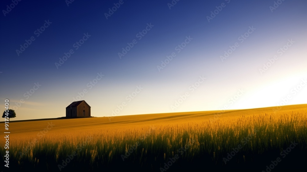 Idyllic Rural Landscape with Golden Fields and Isolated Farmhouse at Sunset Idyllic Rural Landscape with Golden Fields and Isolated Farmhouse at Sunset