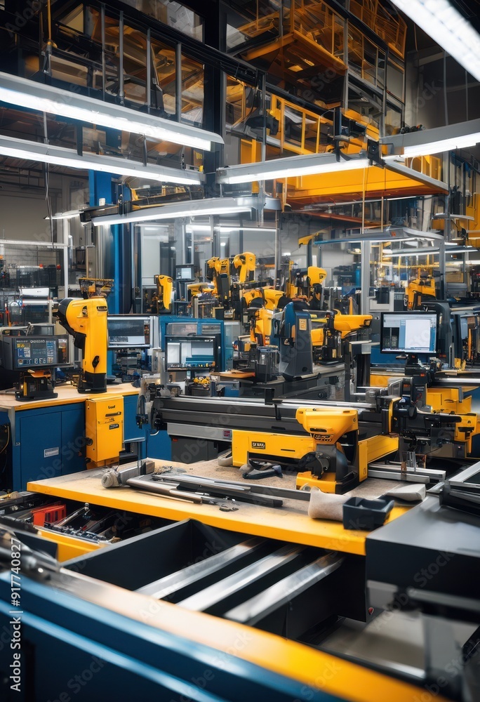 vibrant tools displayed dynamic manufacturing environment featuring colorful equipment active workstations, assembly, machinery, production, technology vibrant tools displayed dynamic manufacturing environment featuring colorful equipment active workstations, assembly, machinery, production, technology