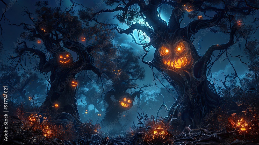 Obraz premium A creepy Halloween forest with twisted trees, glowing eyes, and a haunted moonlit sky