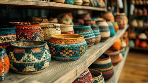 Colorful Woven Baskets on Wooden Shelf.