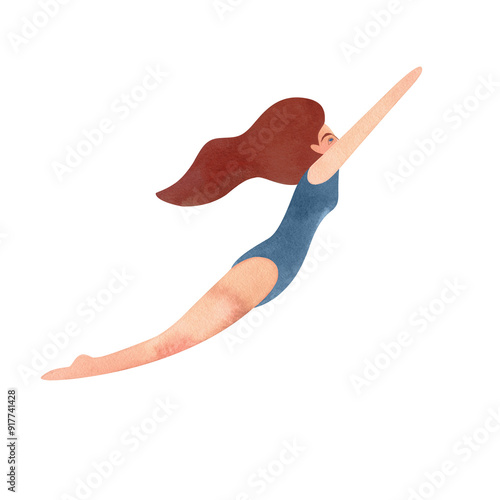 An athlete swims, a woman in a blue swimsuit and with long brown hair. Watercolor illustration isolated for the design of diplomas and sports certificates, advertising of swimming pools, competitions