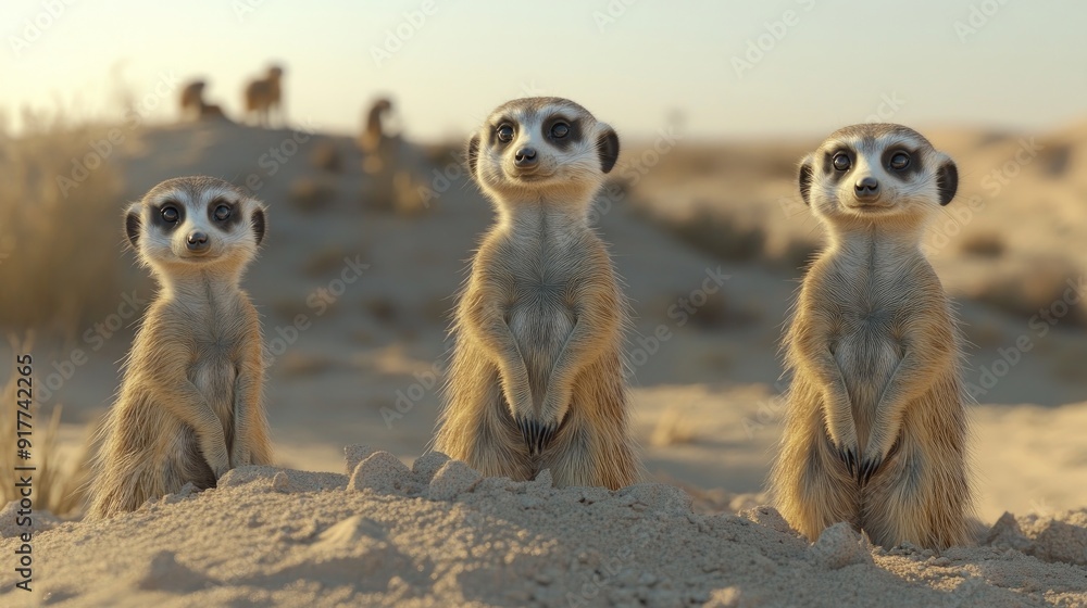 Group of meerkats standing upright in a sandy habitat Group of meerkats standing upright in a sandy habitat