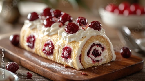 Delicious cherry roll cake with whipped cream topping