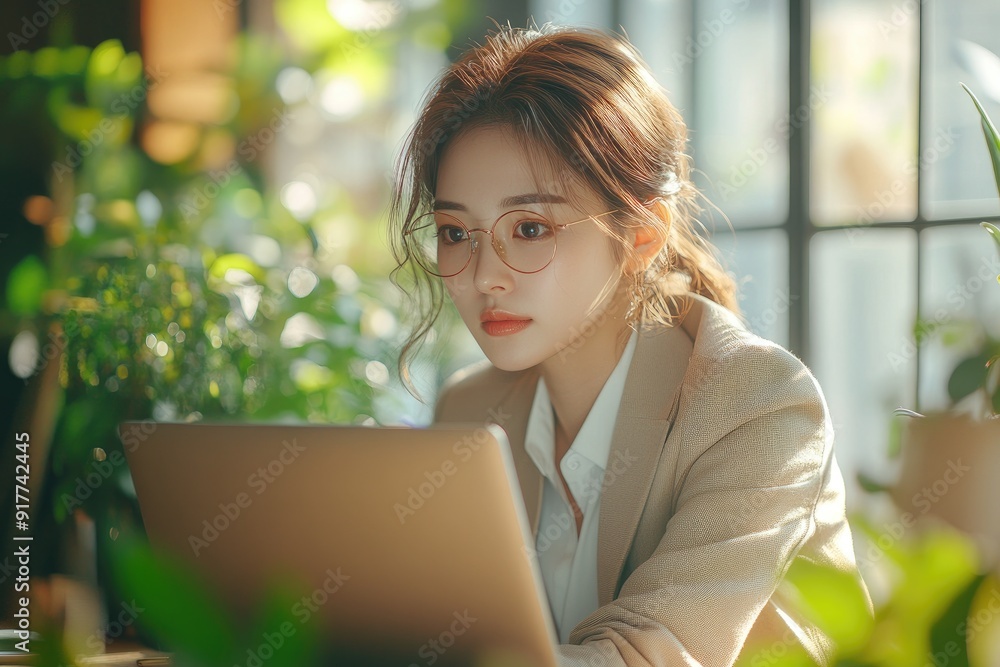 Woman working on a laptop surrounded by indoor plants. Woman working on a laptop surrounded by indoor plants.