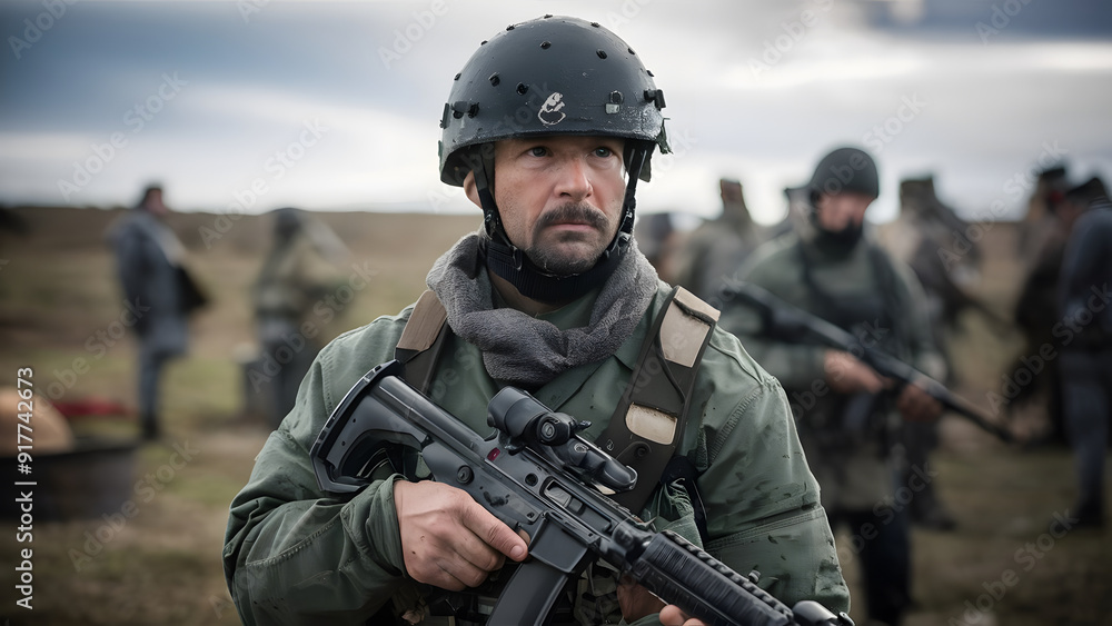 A soldier in tactical gear stands with a rifle, wearing a helmet and a scarf. The background shows other soldiers preparing for action in a rugged landscape under a cloudy sky. A soldier in tactical gear stands with a rifle, wearing a helmet and a scarf. The background shows other soldiers preparing for action in a rugged landscape under a cloudy sky.