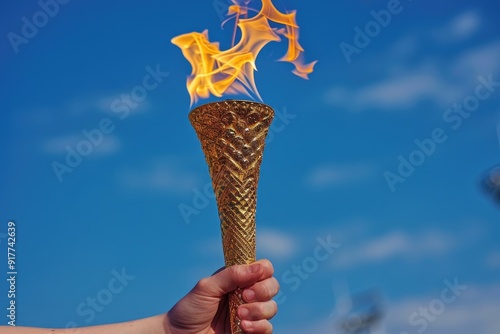 Hand holding lit torch with flame against sky. It symbolizes aspiration, hope, and the Olympic spirit.