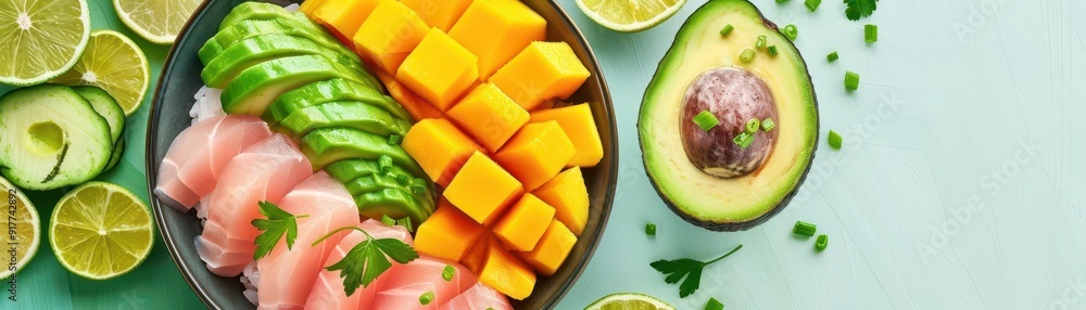 Fusion sashimi with avocado and mango, flat design illustration Fusion sashimi with avocado and mango, flat design illustration