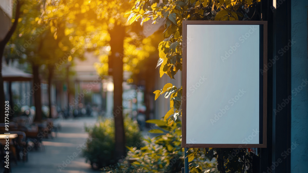 A close-up shot of an empty blank poster on the wall in front of a restaurant A close-up shot of an empty blank poster on the wall in front of a restaurant