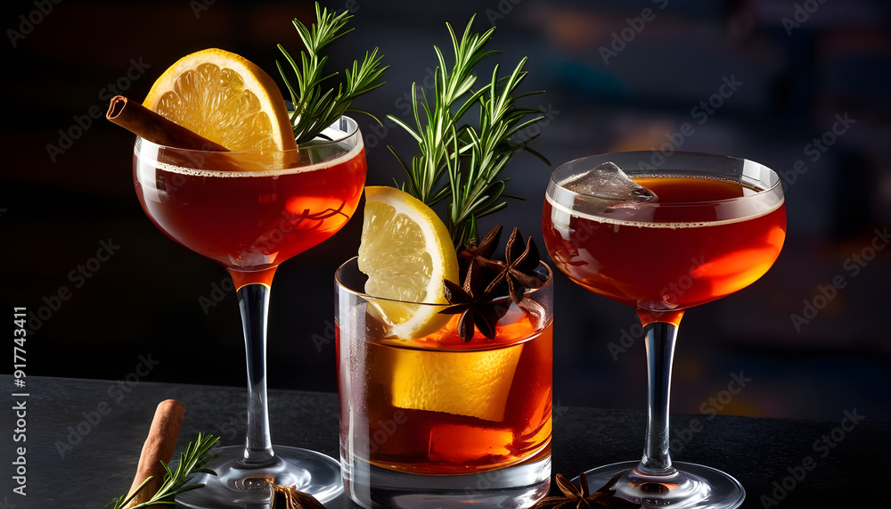 Friends toasting with cocktails in bar Assortment of alcoholic cocktails on a bar counter
Friends toasting with cocktails in bar Assortment of alcoholic cocktails on a bar counter